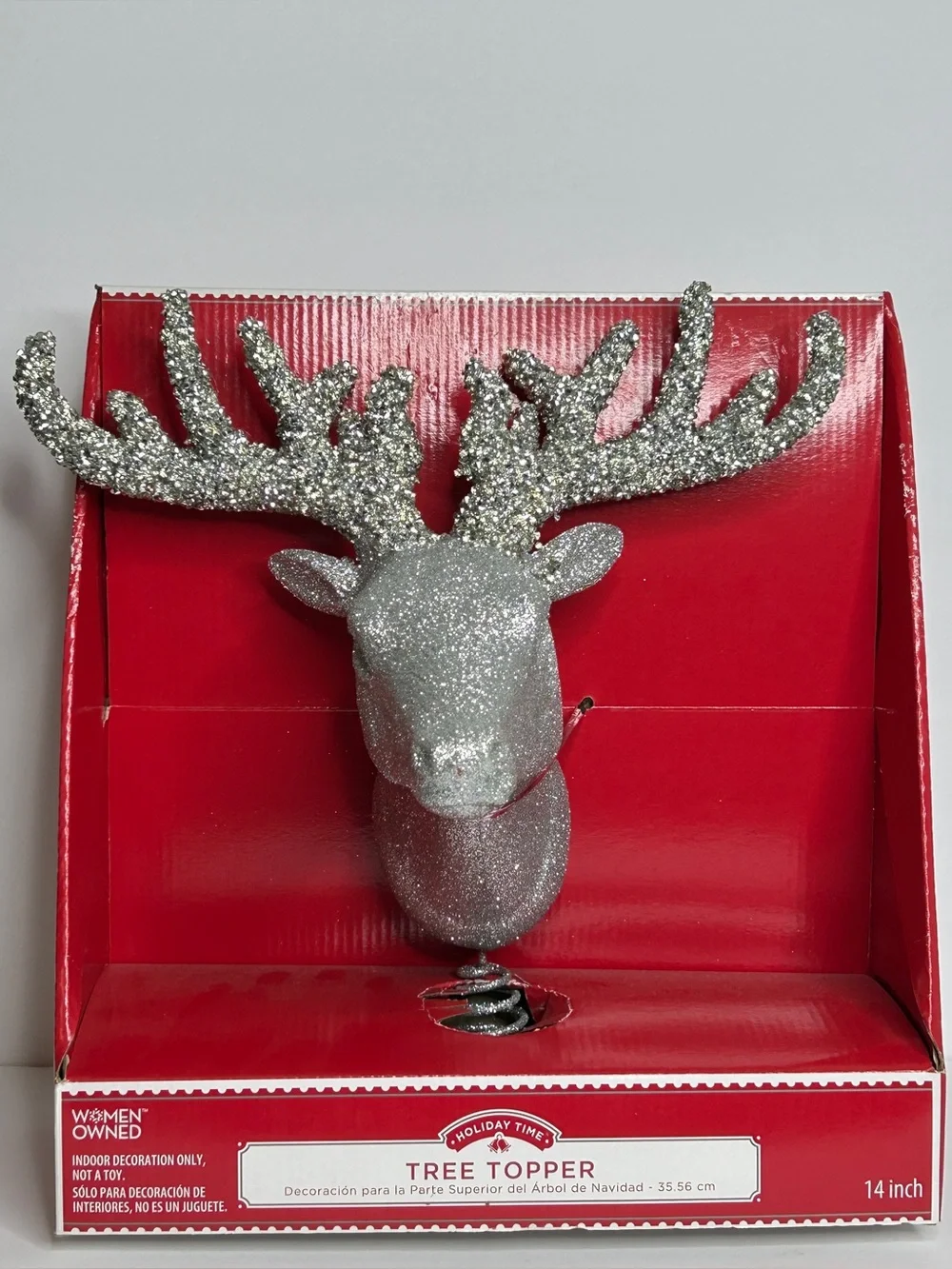 Silver Glitter Christmas Tree Topper Deer Reindeer Head 14 Inch Holiday Time NEW